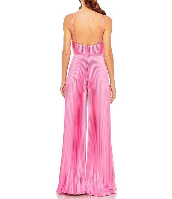 Mac Duggal Pleated Deep V-Neck Spaghetti Strap Sleeveless Wide Leg Jumpsuit Product Image