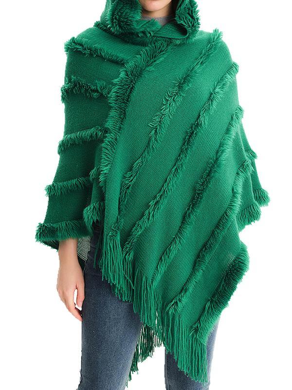 Hooded Keep Warm Solid Color Tasseled Cape Shawl&Cloak Product Image