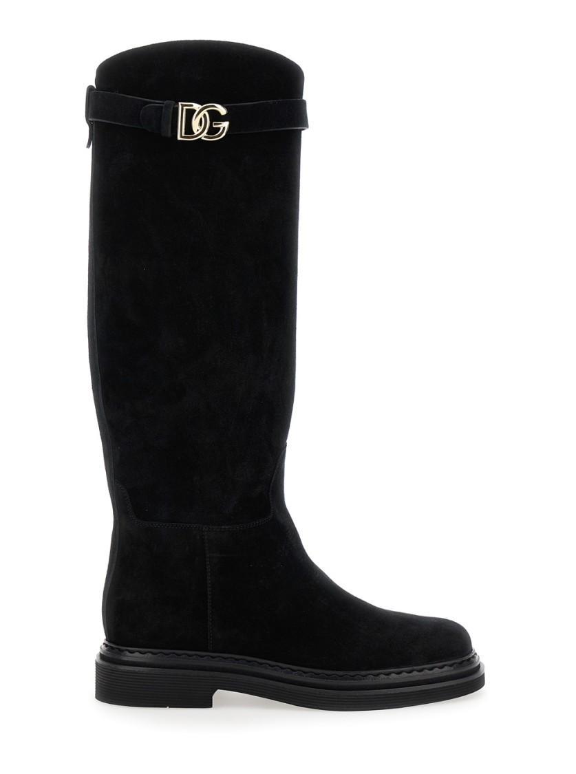 DOLCE & GABBANA Suede Knee-high Boots With Signature Embellishments In Black Product Image