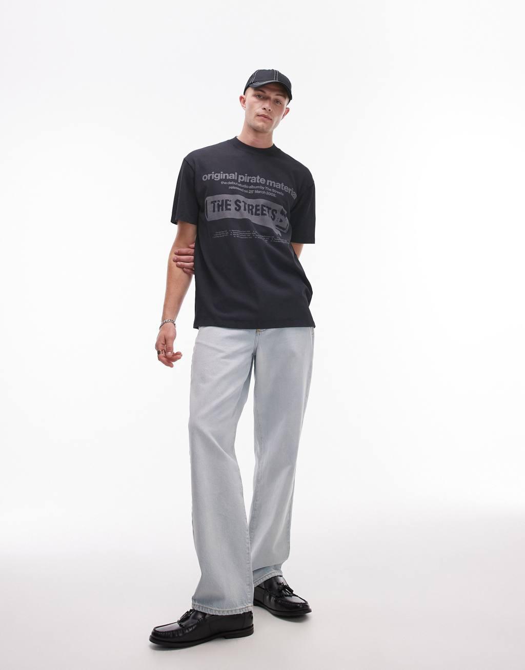 Topman The Streets premium oversized fit t-shirt with print in washed black Product Image