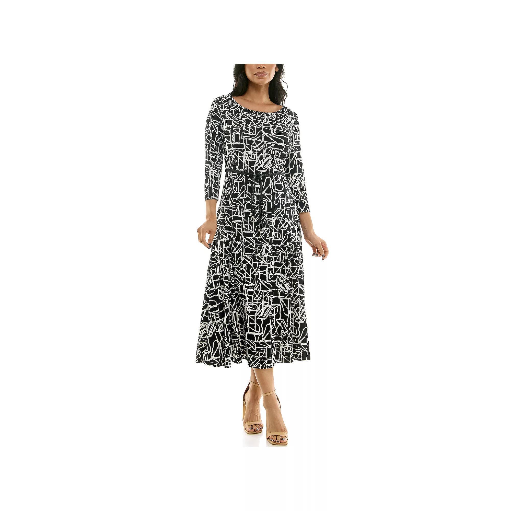 Women's Nina Leonard Sylvia Three-Quarter Sleeve Belted Midi Dress, Size: XL, Black White Combo Product Image