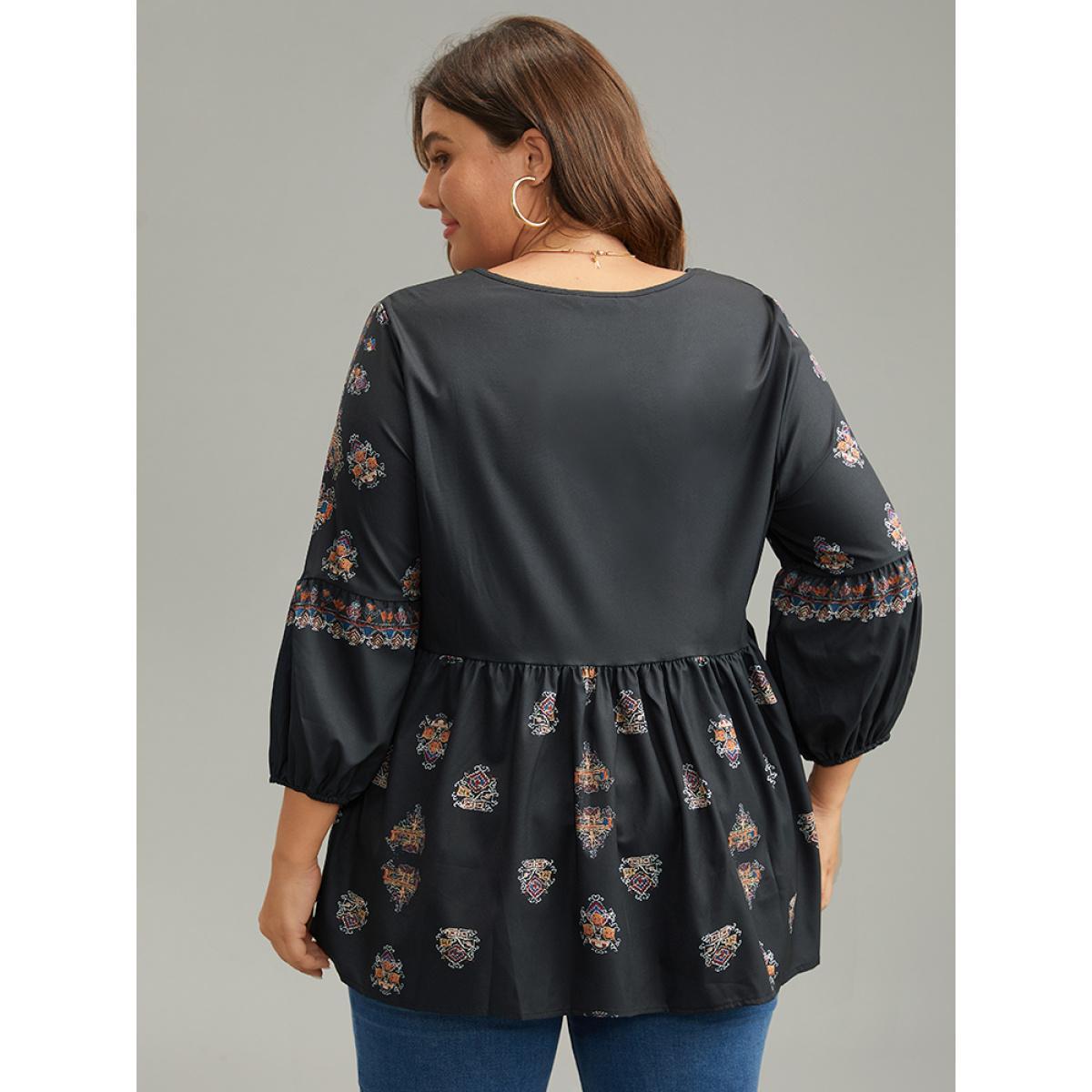 Plus Size Black Boho Print Lantern Sleeve Button Detail Blouse Women Vacation Elbow-length sleeve Round Neck Vacation Blouses BloomChic 14-16/1X Product Image