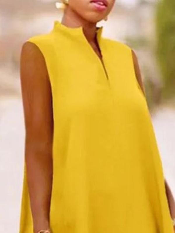 A-Line Sleeveless Solid Color Split-Joint Split-Side Streamer V-Neck Midi Dresses Product Image