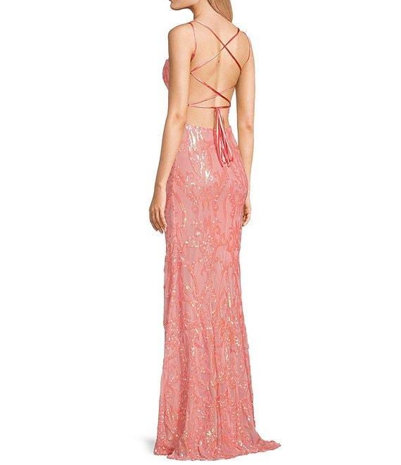 B. Darlin Sequin Patterned Straight Neck Double Spaghetti Strap Lace Up Back Dress Product Image