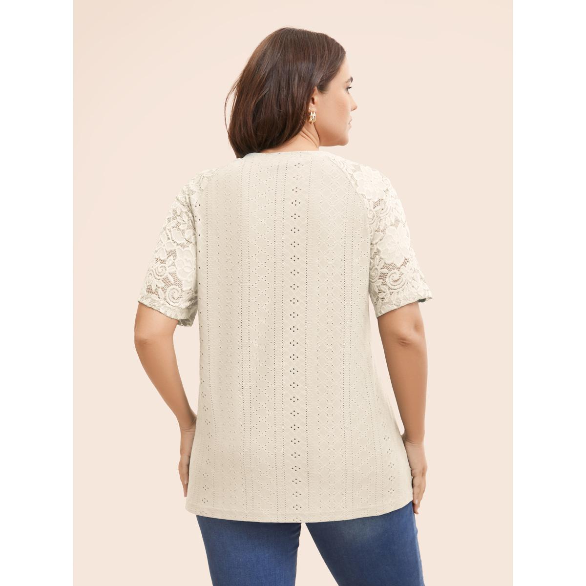 Plus Size Solid Broderie Anglaise Lace Raglan Sleeve T-shirt Beige Women Elegant See through Plain Round Neck Everyday T-shirts BloomChic 30/6X Product Image
