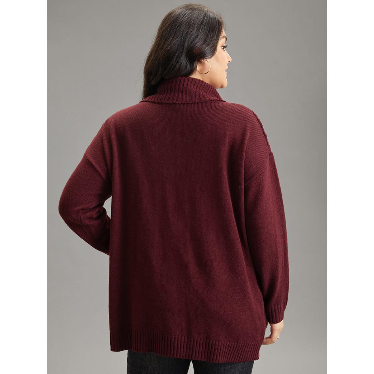 Plus Size Cable Knit Patched Pocket Turtle Neck Pullover Burgundy Women Casual Loose Long Sleeve Turtleneck Dailywear Pullovers BloomChic 28/5X Product Image