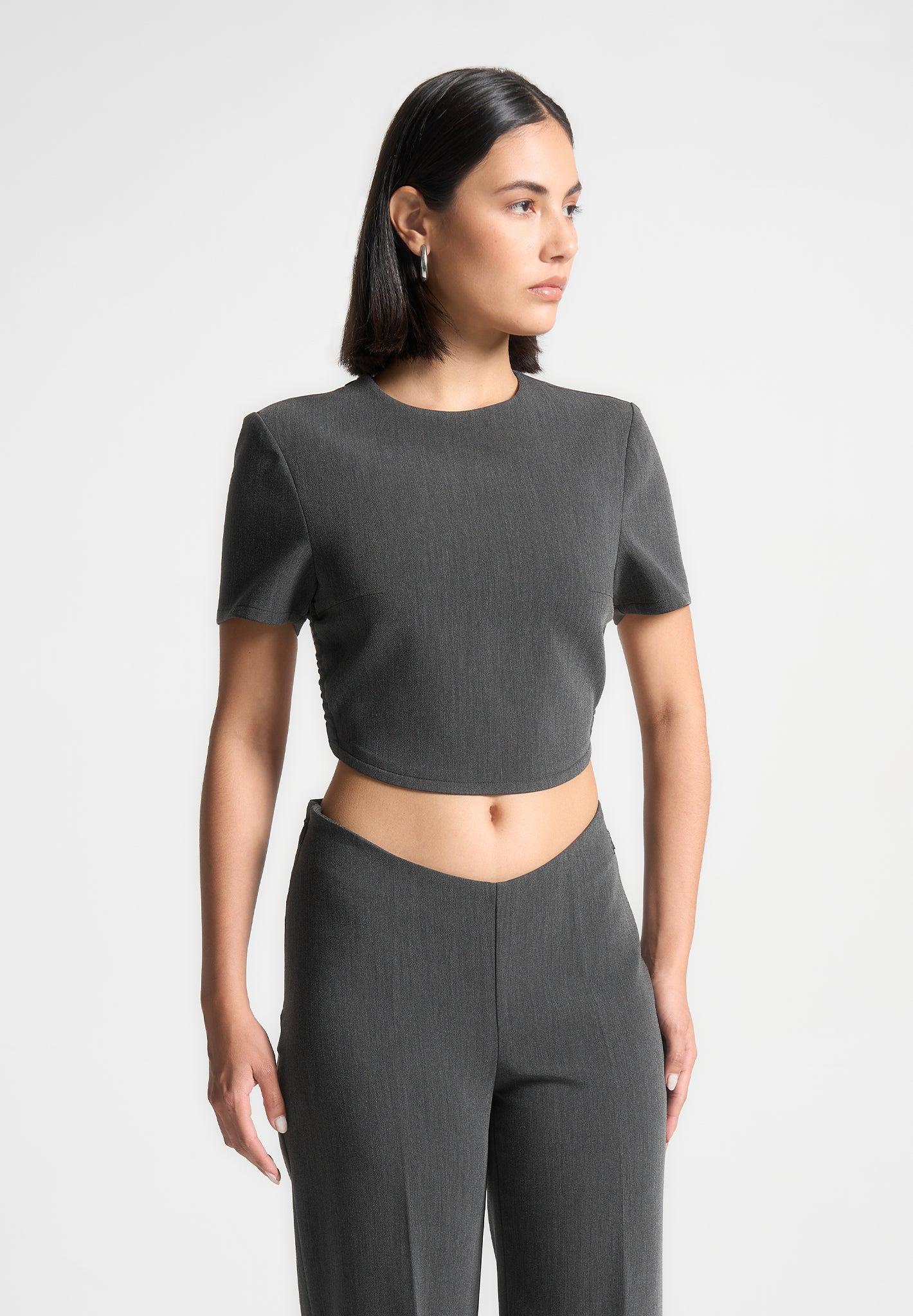 Curved Hem Backless Top with Tie - Dark Grey Female Product Image