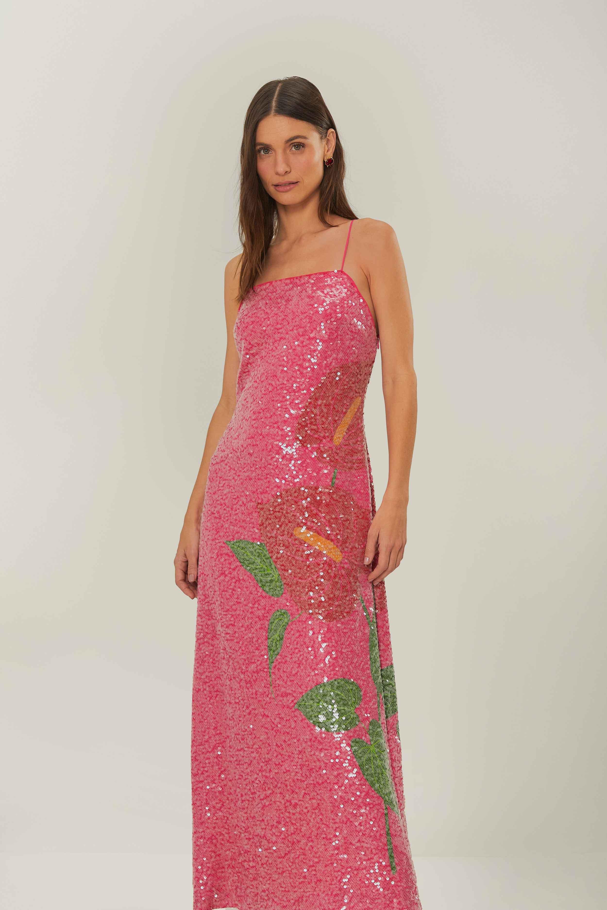 Pink Anthurium Flowers Slip Maxi Dress, ANTHURIUM FLOWERS PINK / S Product Image