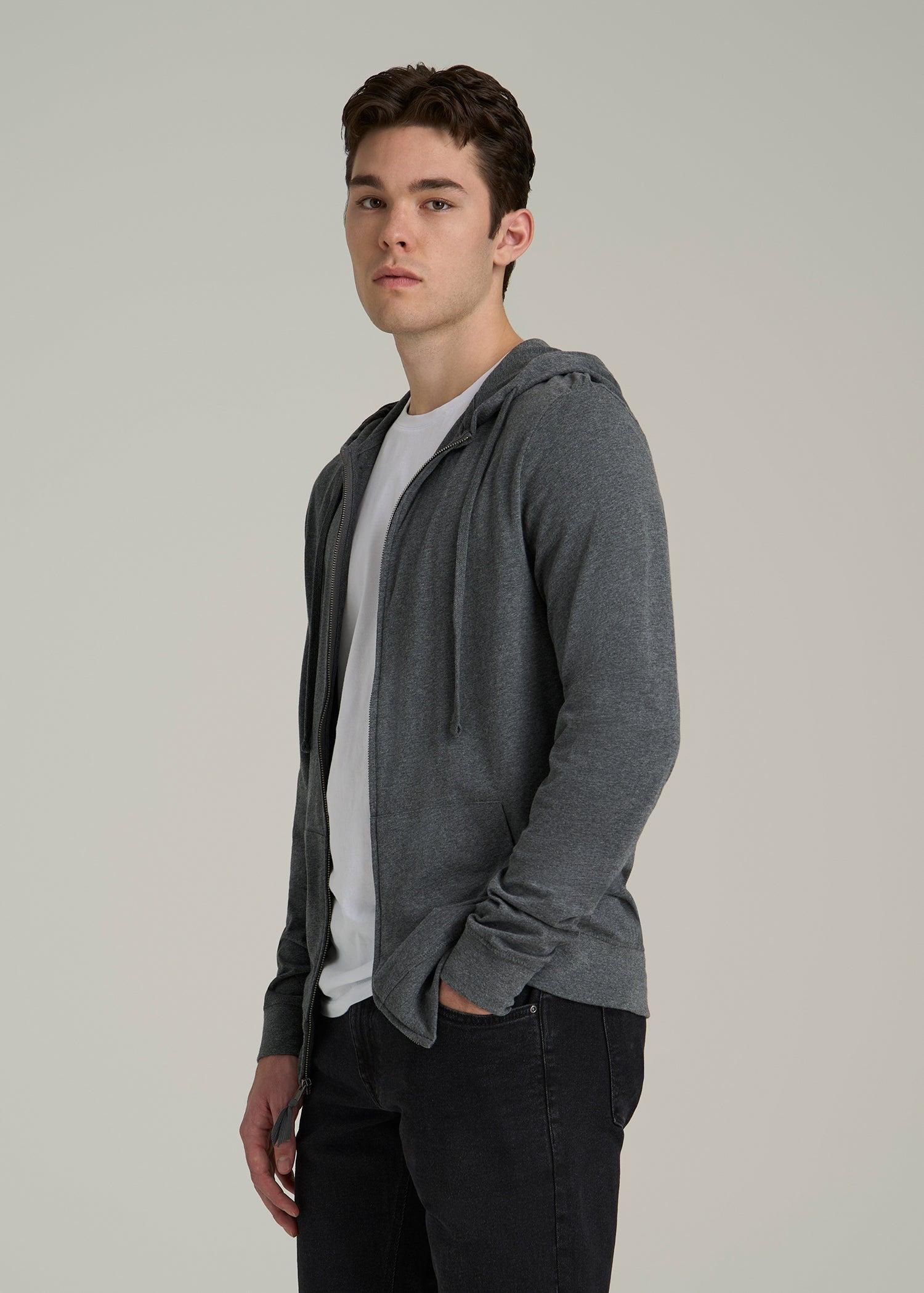 Long Sleeve Full Zip Jersey Hoodie for Tall Men in Charcoal Mix Male Product Image