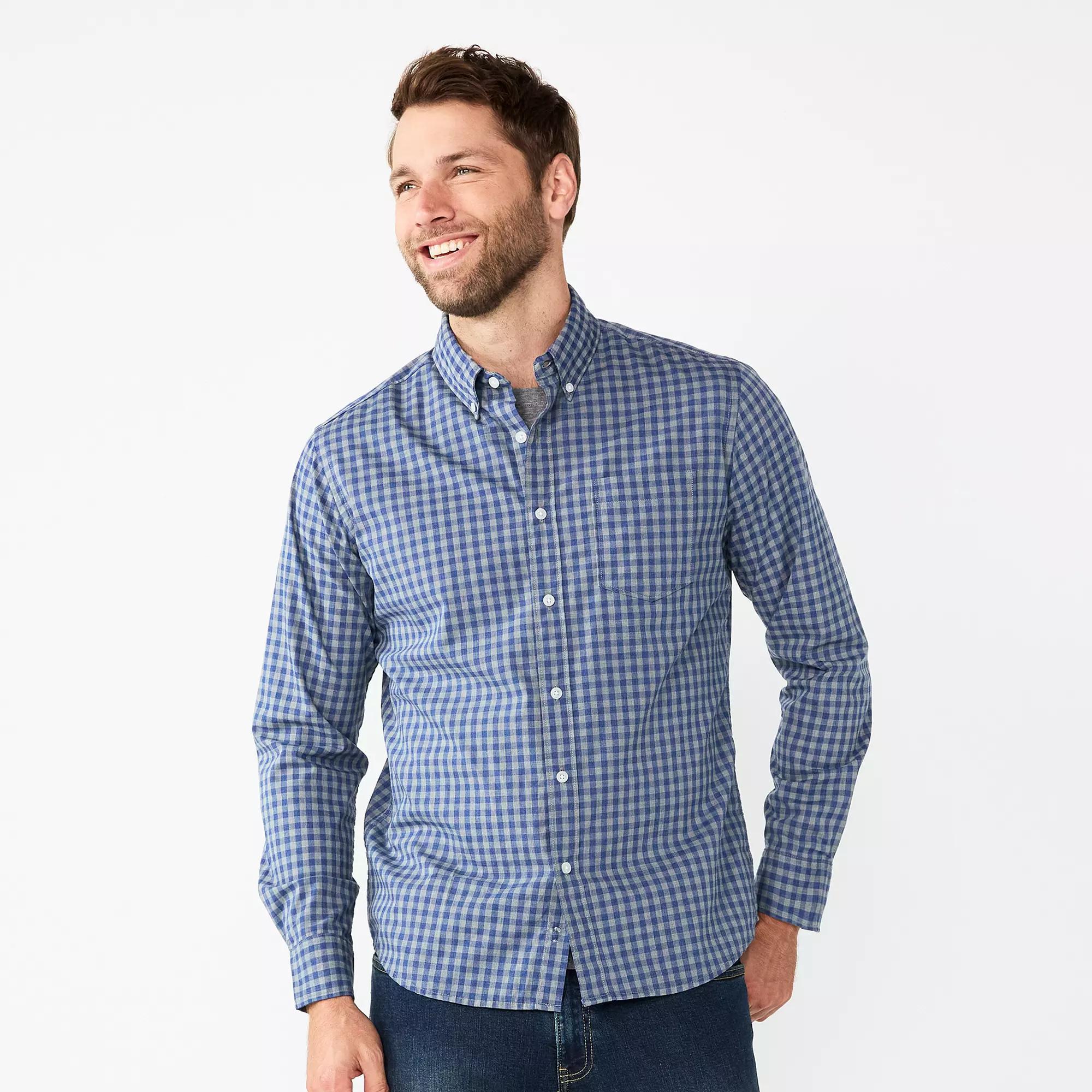 Men's Sonoma Goods For Life® Long Sleeve Perfect Length Button-Down Shirt, Size: Small, Gray Gingham Product Image