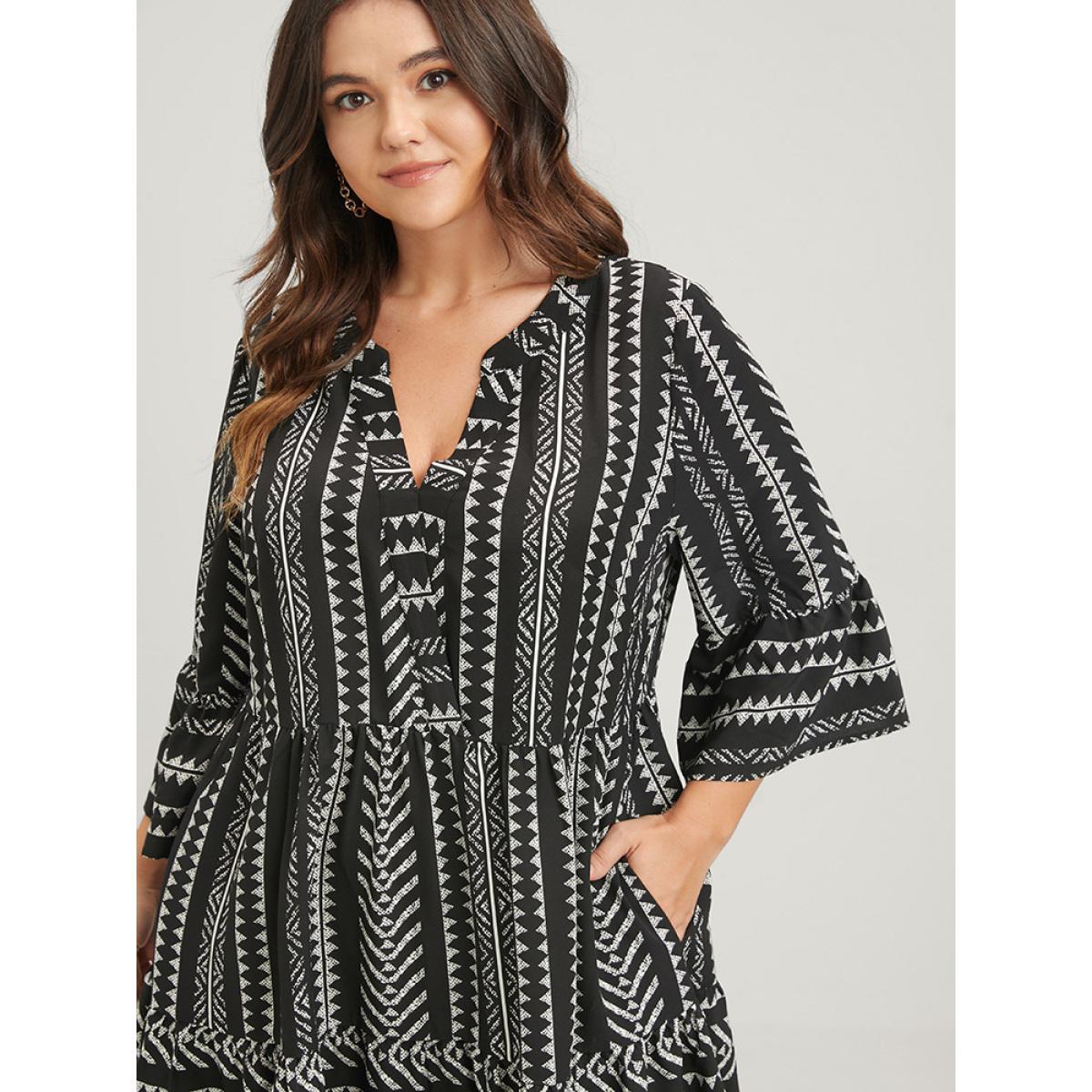 Plus Size Bloom Dress -Geometric Pocket Ruffles V Neck Knee Dress Black Women Vacation Pocket V-neck Elbow-length sleeve Curvy Knee Dress BloomChic 14-16/1X Product Image