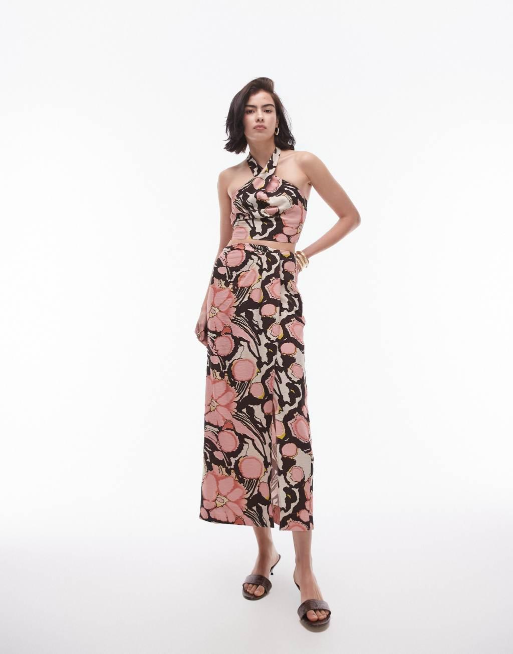 Topshop midi skirt in floral pink paw print - part of a set Product Image