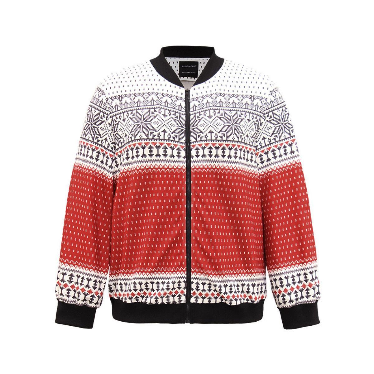 Plus Size Christmas Patchwork Zipper Contrast Jacket Women Red Elastic cuffs Dailywear Jackets BloomChic 12/L Product Image