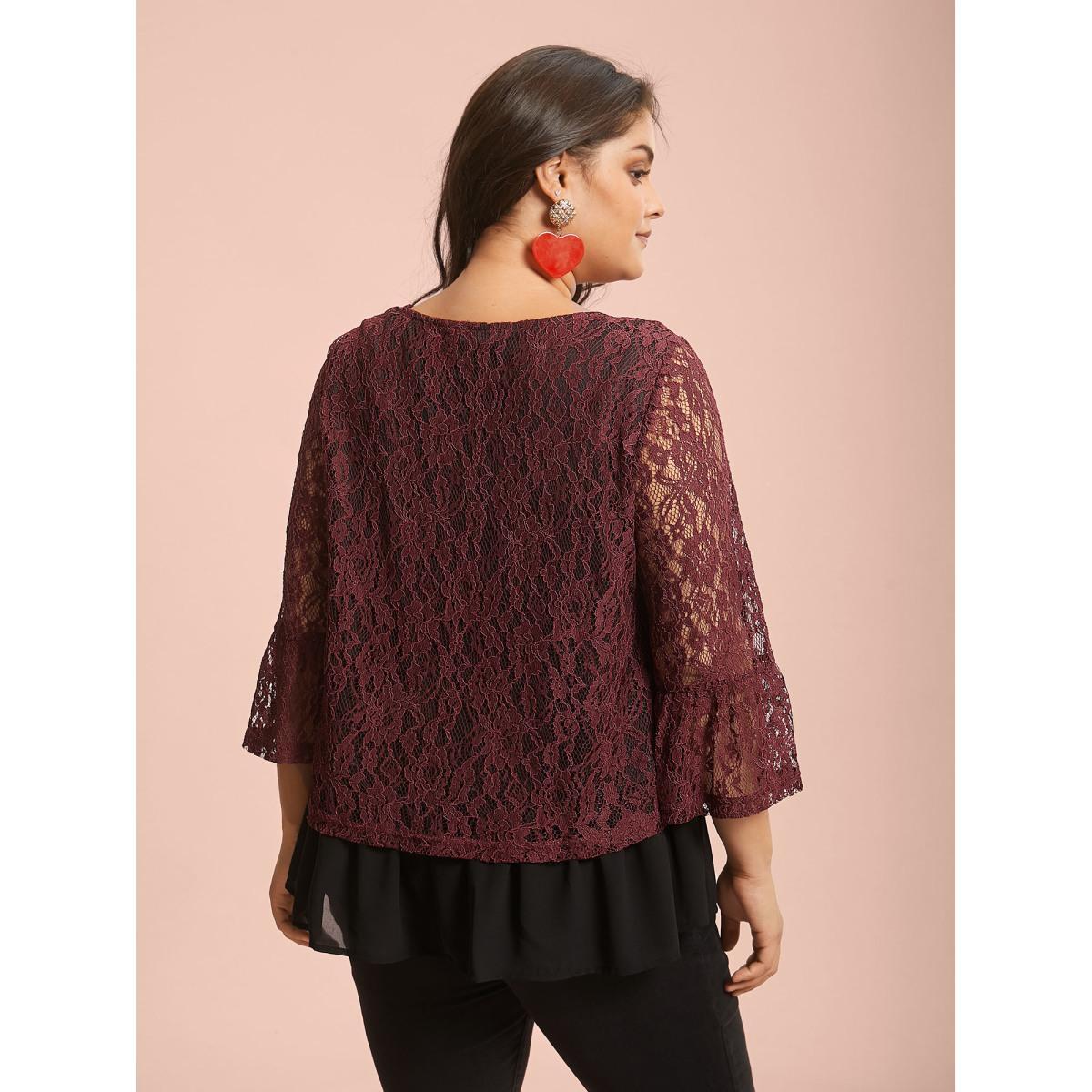 Plus Size Burgundy Round Neck Contrast Lace Ruffled Sleeve Blouse Women Elegant Elbow-length sleeve Round Neck Everyday Blouses BloomChic 12/L Product Image