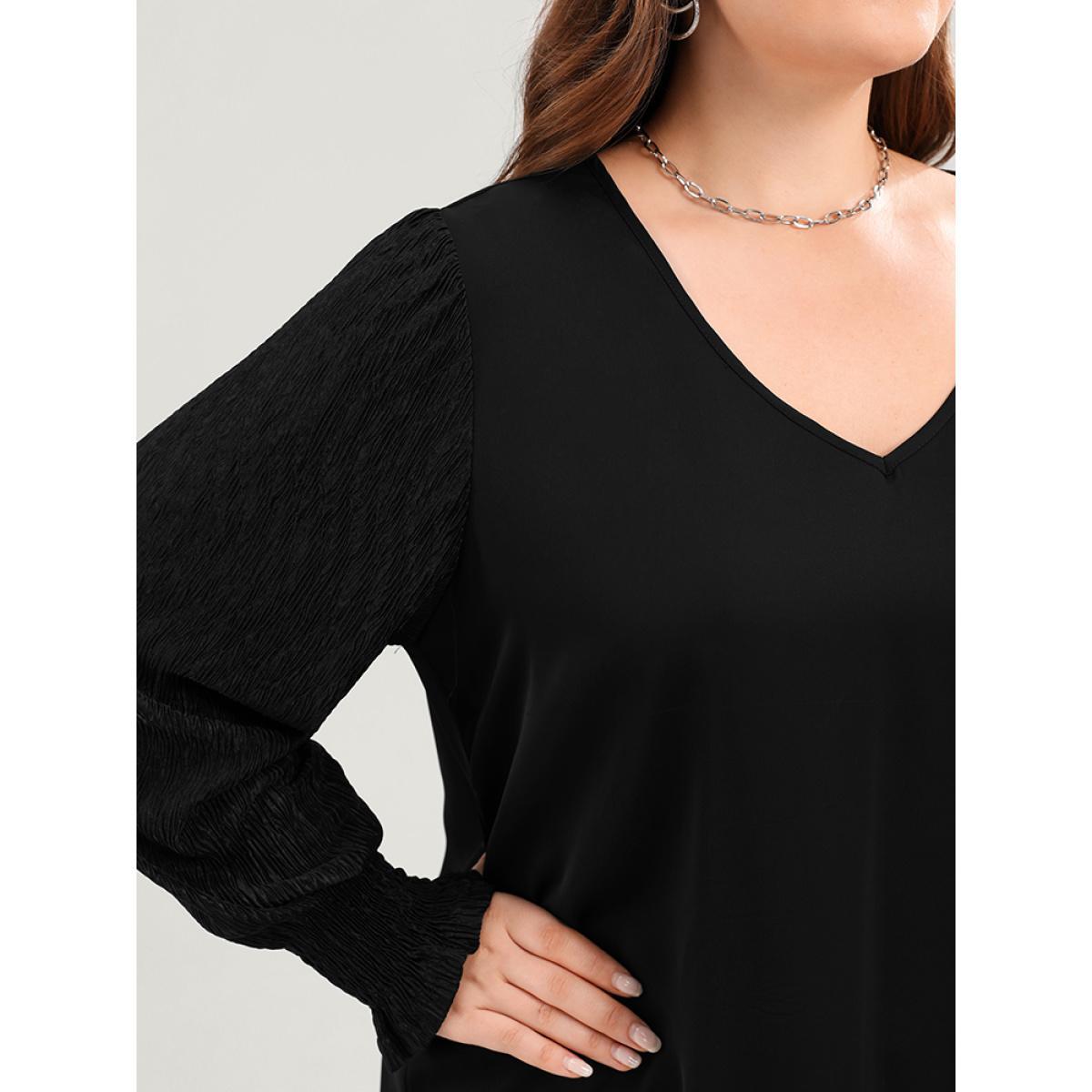 Plus Size Black Solid V Neck Puff Sleeve Blouse Women Elegant Long Sleeve V-neck Dailywear Blouses BloomChic 22-24/3X Product Image