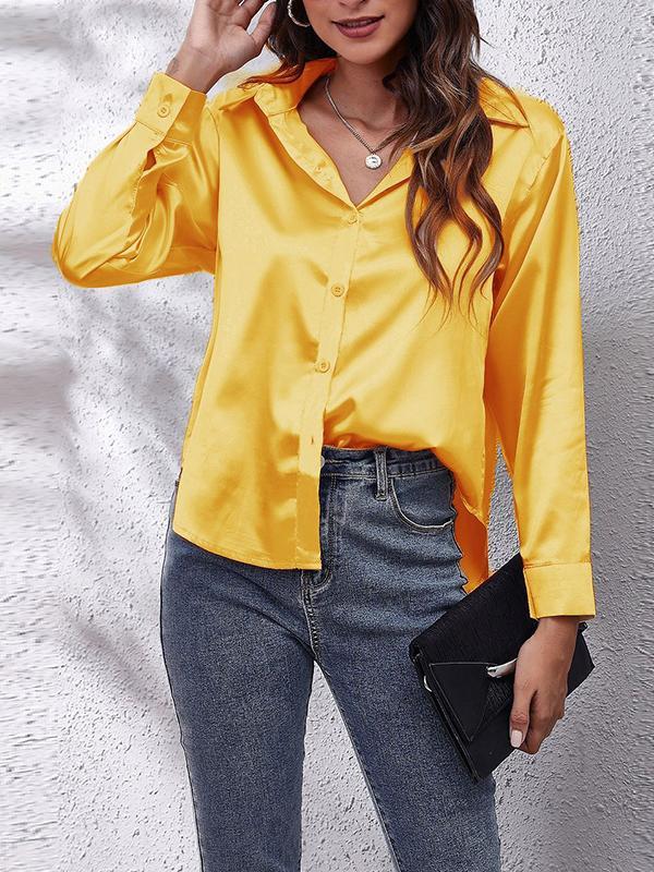 Long Sleeves Loose Solid Color Lapel Blouses Product Image