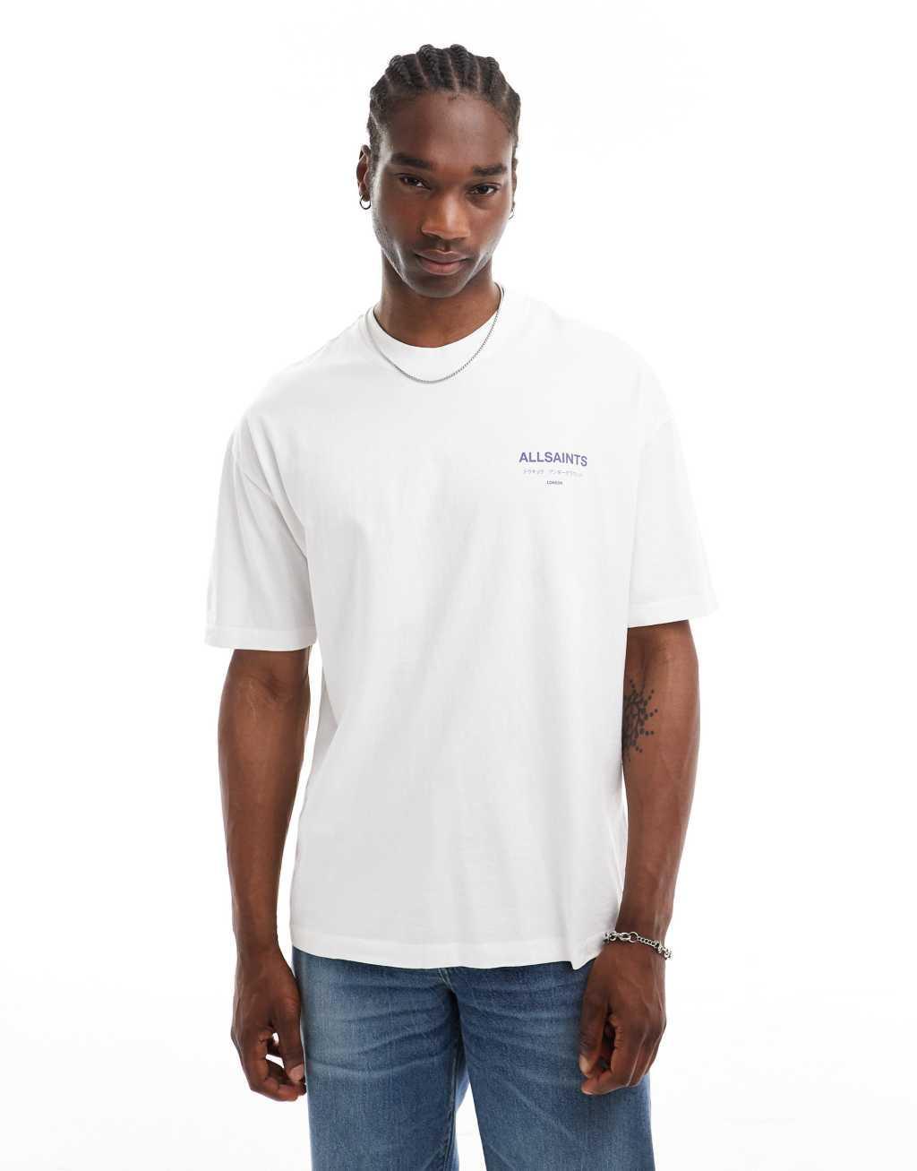 AllSaints Underground oversized t-shirt in white and purple Product Image