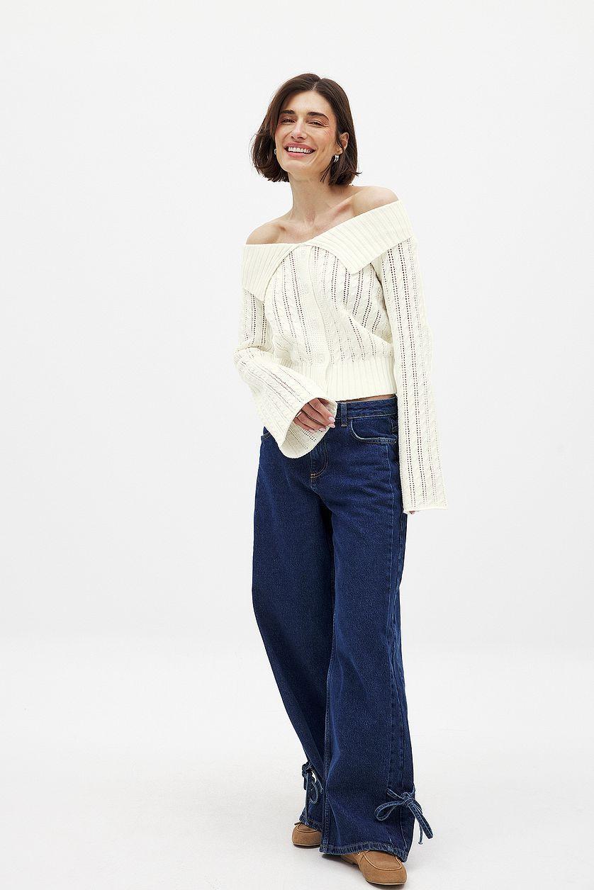 Knitted Off Shoulder Button Sweater Product Image