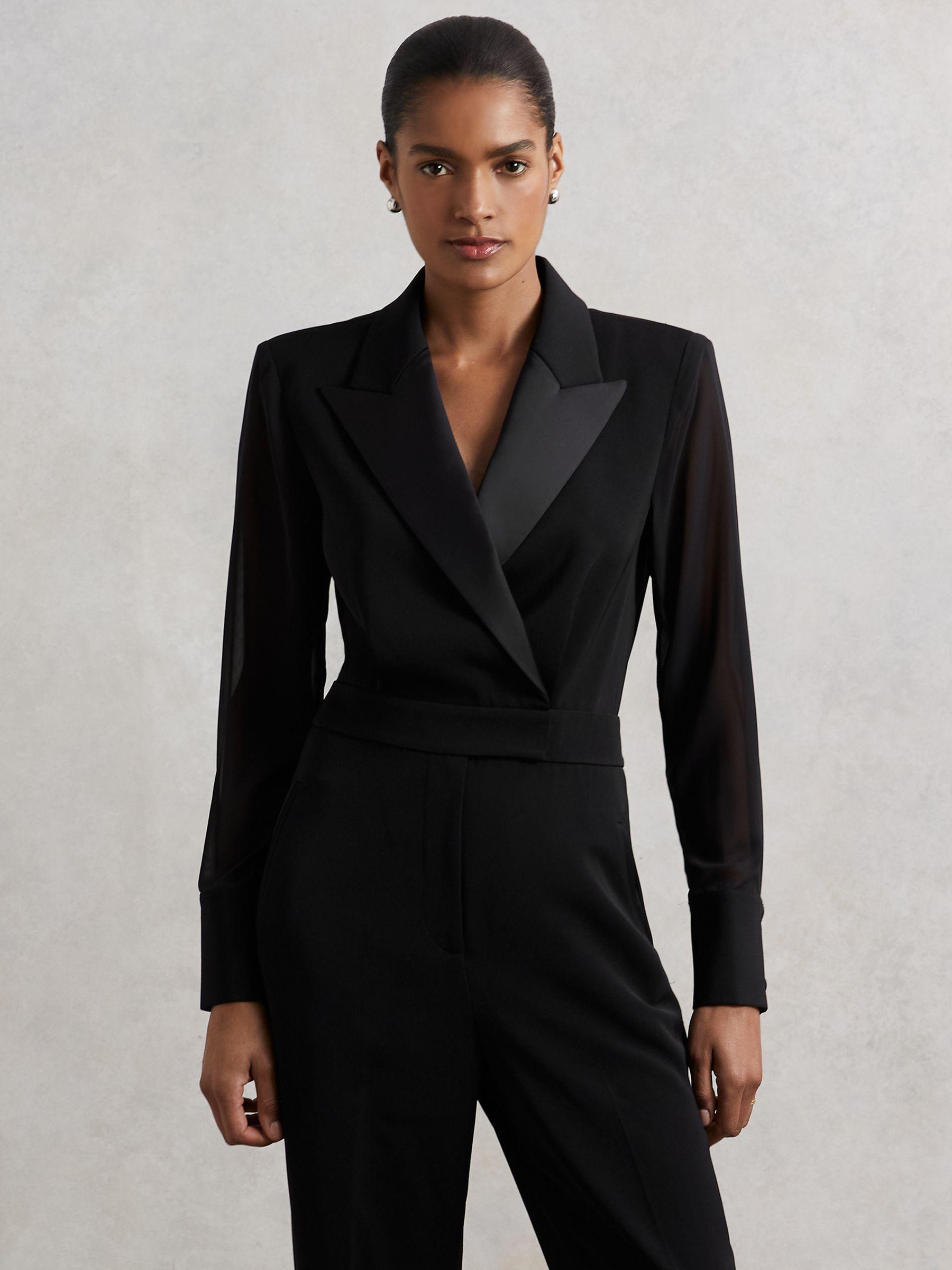 Sheer-Sleeve Tuxedo Jumpsuit in Black Product Image