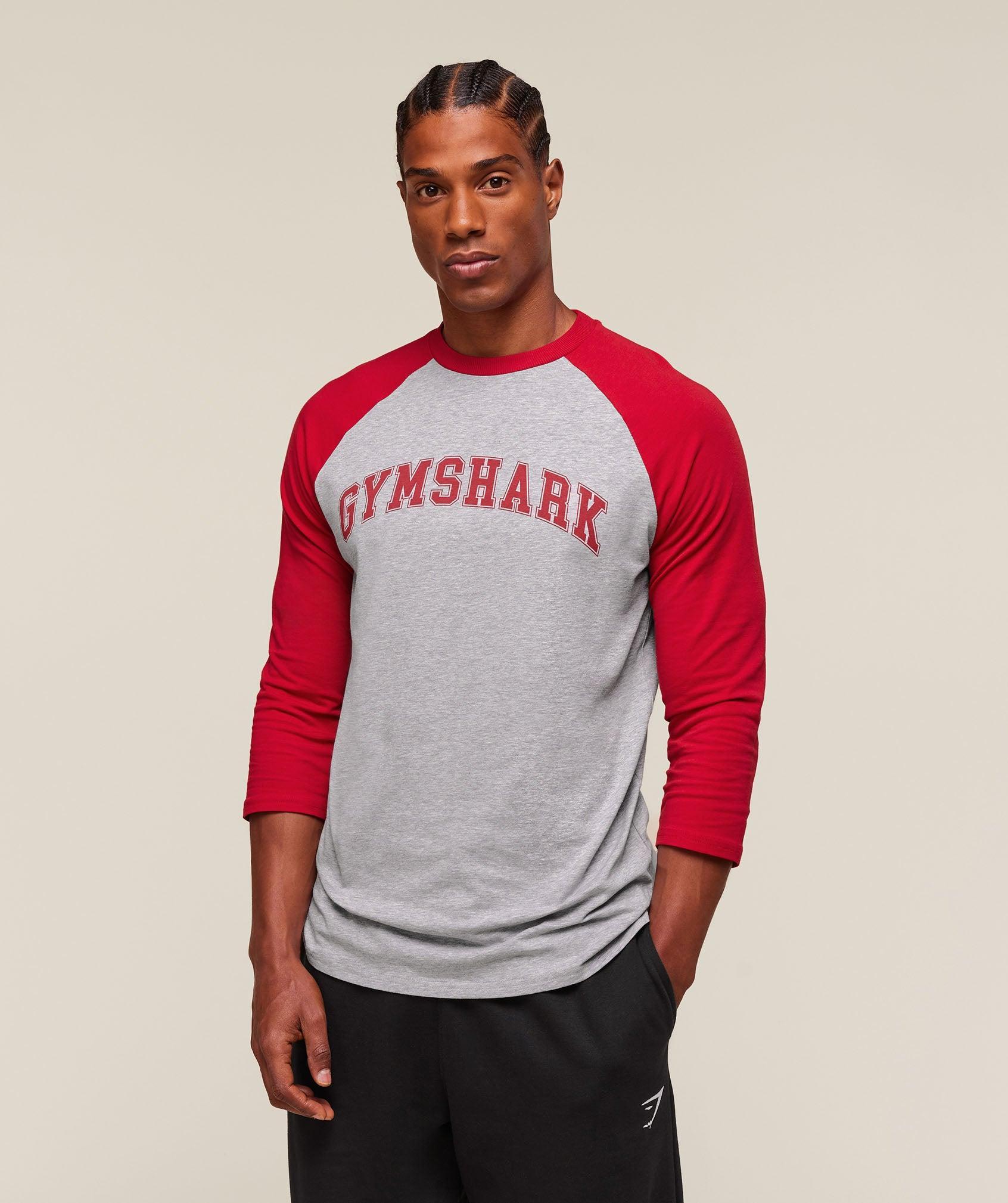Gymshark GSLC Raglan 3/4 Sleeve T-Shirt - Light Grey Core Marl/Conditioning Red Male Product Image