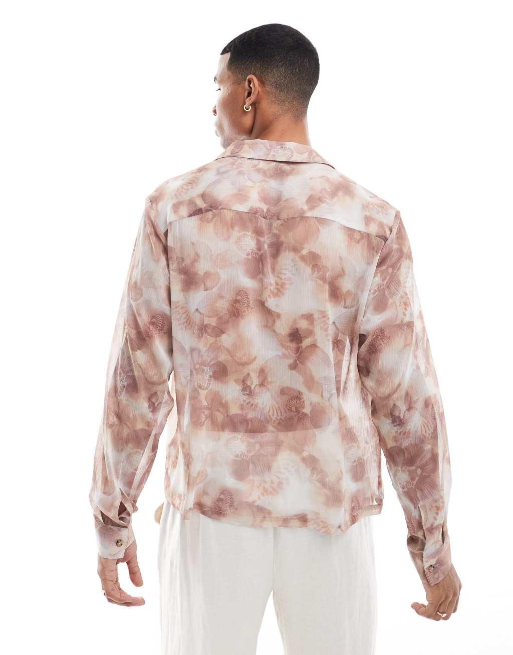 ASOS DESIGN boxy relaxed camp collar shirt with photographic floral print in neutral Product Image