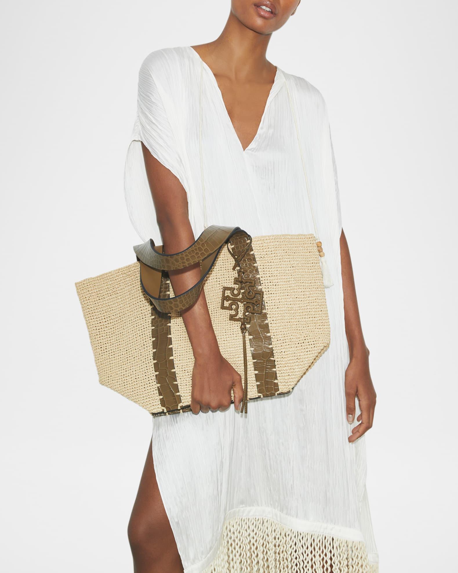Embossed Leather & Raffia Tote Bag Product Image