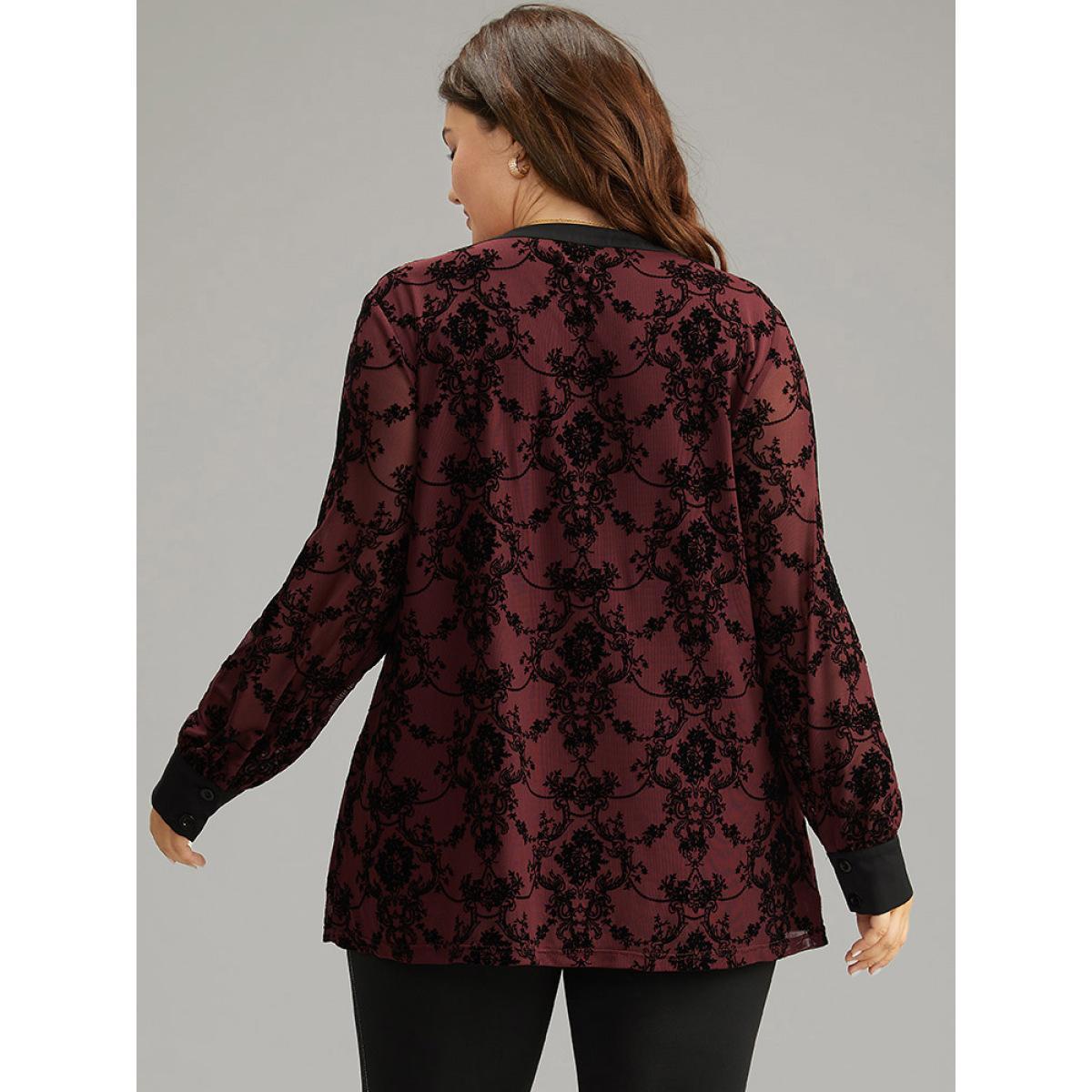 Plus Size DarkGreen Floral Print Mesh V Neck Blouse Women Elegant Long Sleeve V-neck Dailywear Blouses BloomChic 18-20/2X Product Image