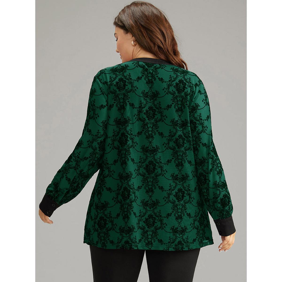 Plus Size DarkGreen Floral Print Mesh V Neck Blouse Women Elegant Long Sleeve V-neck Dailywear Blouses BloomChic 18-20/2X Product Image