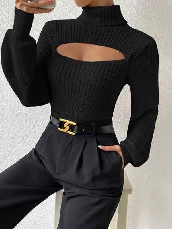 Solid Cutout High Neck Sweater Product Image