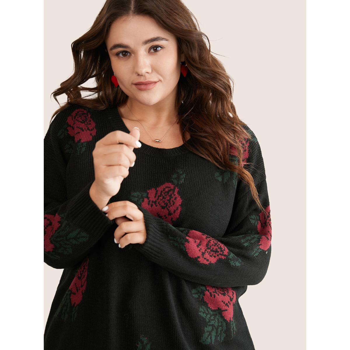Plus Size Rose Jacquard Crew Neck Drop Shoulder Pullover Black Women Casual Long Sleeve Round Neck Everyday Pullovers BloomChic 22-24/3X Product Image
