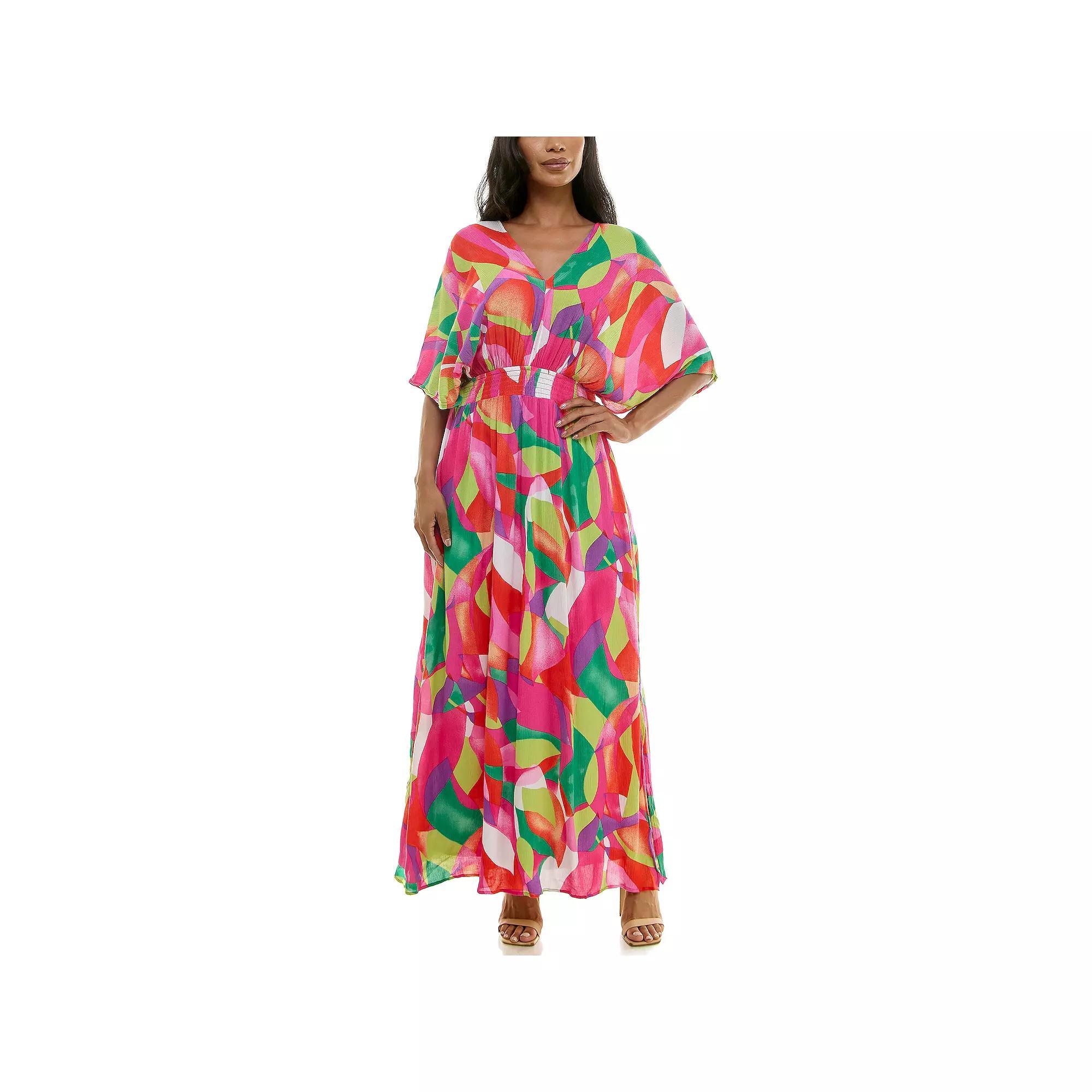 Women's Nina Leonard Print Smocked-Waist Maxi Dress, Size: Medium, Pink Team Product Image