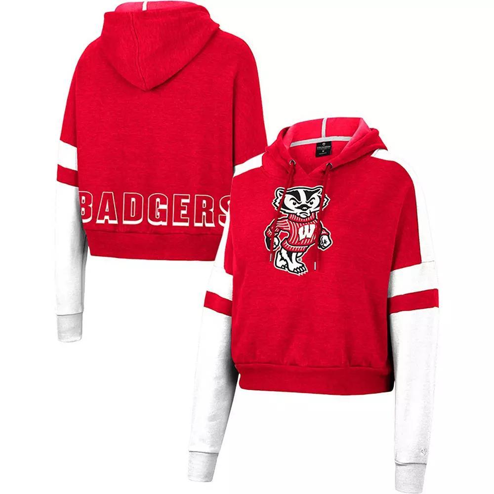 Women's Colosseum Heather Red Wisconsin Badgers Throwback Stripe Arch Logo Cropped Pullover Hoodie, Size: Large Product Image