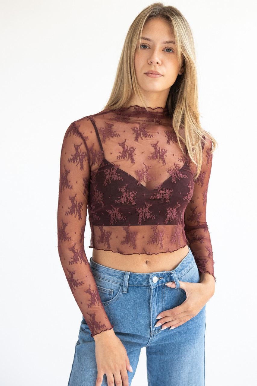 Floral Lace Mesh Mock Neck Top Product Image