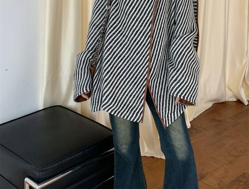 Faux Leather Panel Striped Wrap Coat Product Image