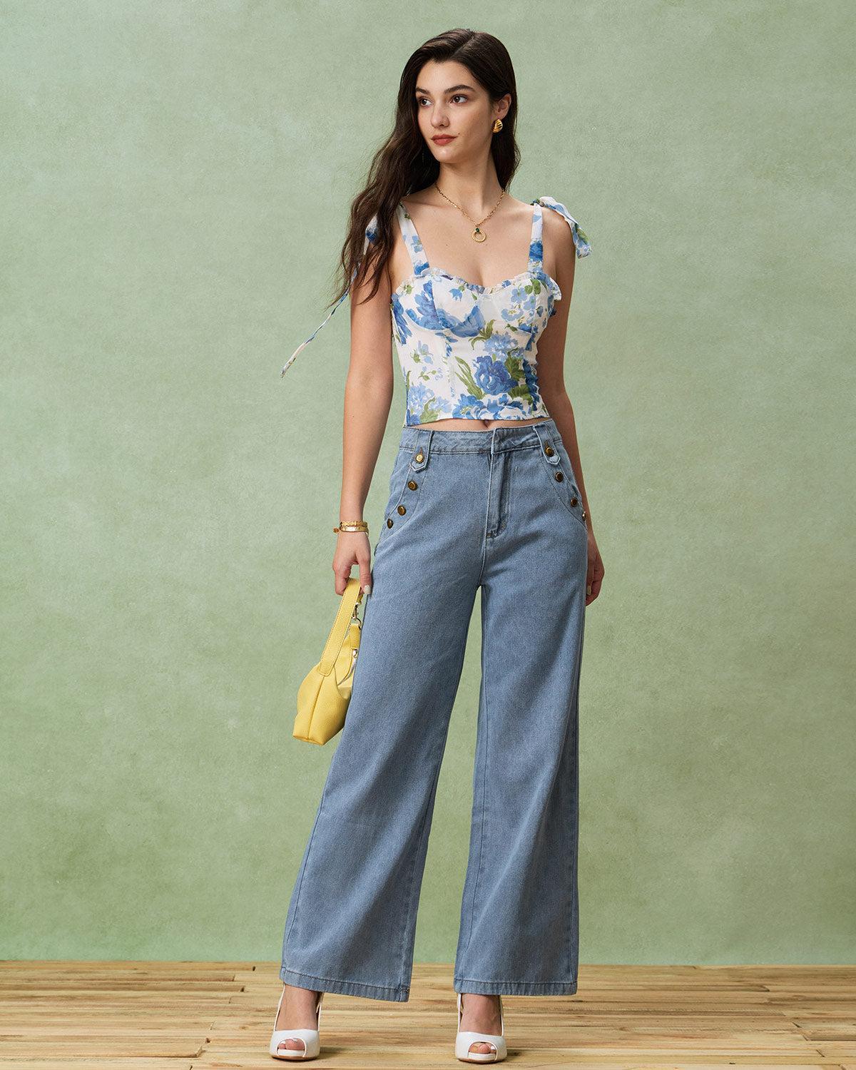 Blue Floral Bohemian Cropped Camis Product Image