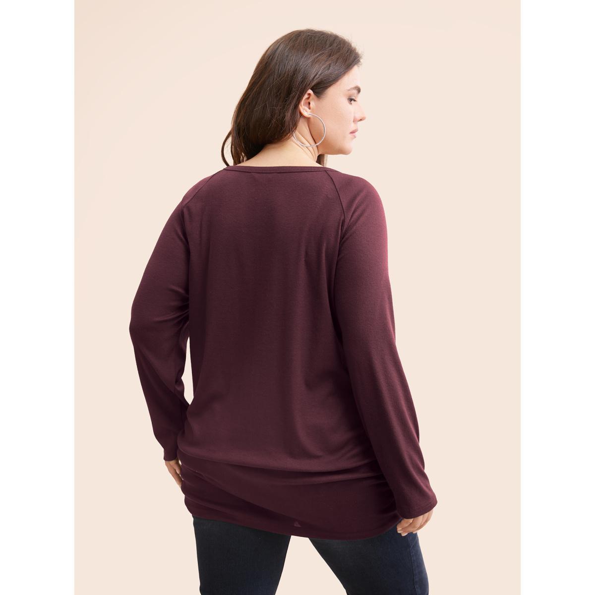 Plus Size Plain Gathered Button Detail T-shirt DarkGreen Women Leisure Gathered Plain Round Neck Casual T-shirts BloomChic 30/6X Product Image