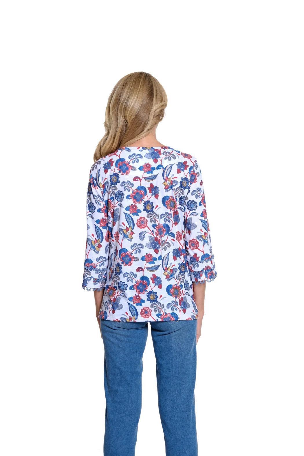 Printed Slub Knit Top with Lace Trim Product Image