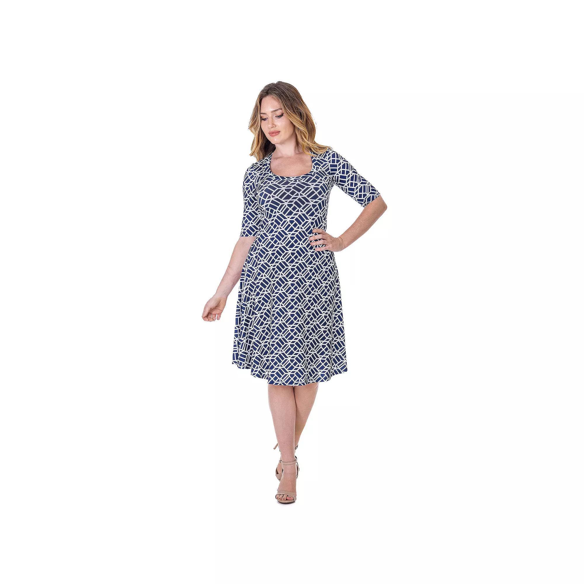 Women's 24Seven Comfort Apparel Geometric Print Knee Length Elbow Sleeve Dress, Size: Small, Blue Team Product Image