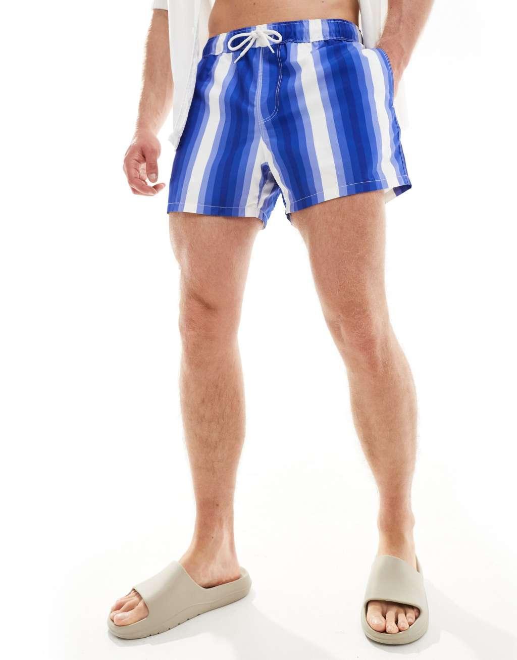 ASOS DESIGN swim shorts in short length in blue stripe Product Image