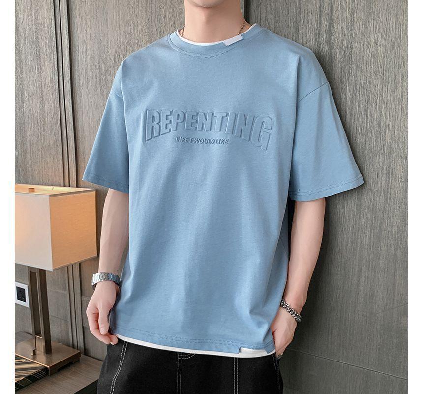 Short-Sleeve Crew Neck Lettering T-Shirt Product Image