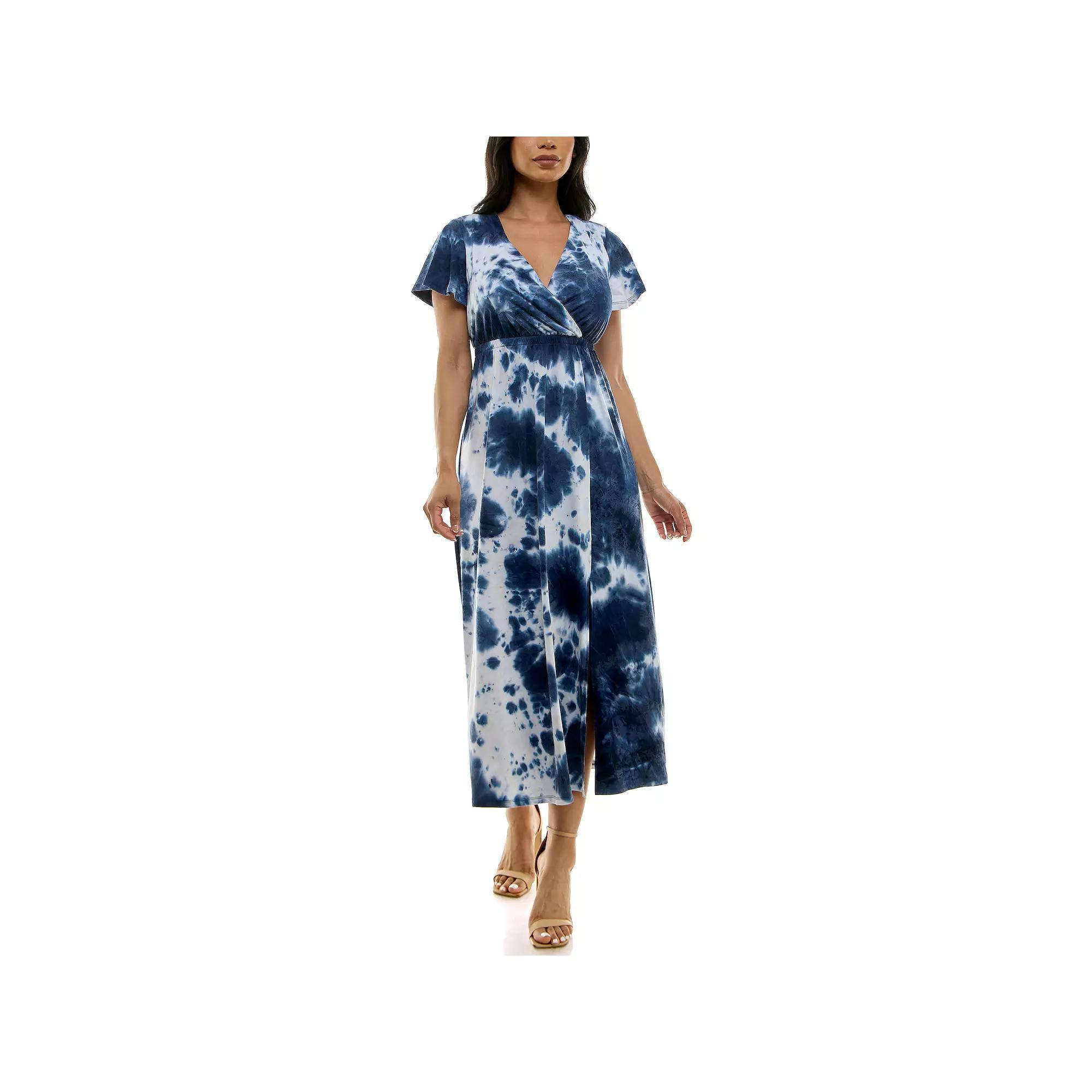 Women's Nina Leonard Tie Dye Print Flutter Sleeve V-Neck Maxi Dress, Size: Large, Blue Team Product Image