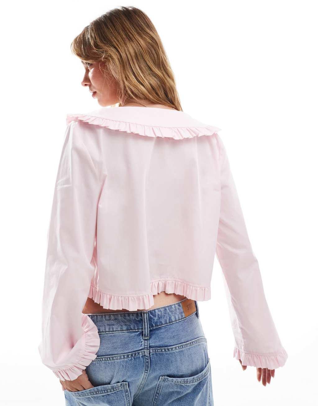 ASOS DESIGN tie front collar blouse in pink Product Image