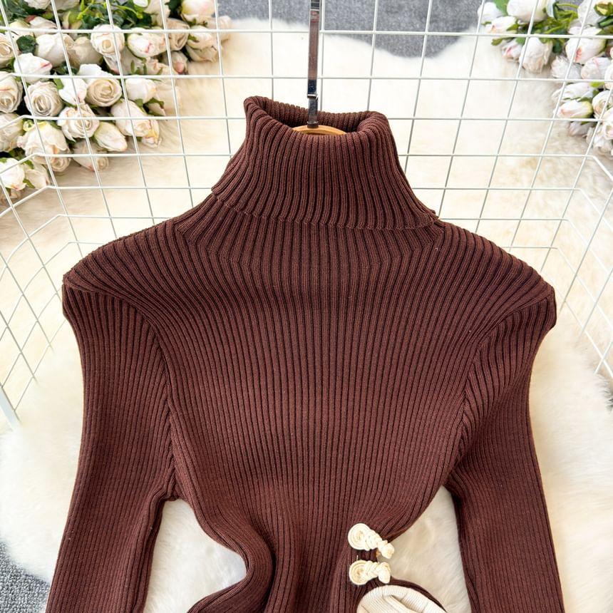 Flared-Sleeve Turtleneck Two Tone Asymmetrical Ribbed Sweater Product Image