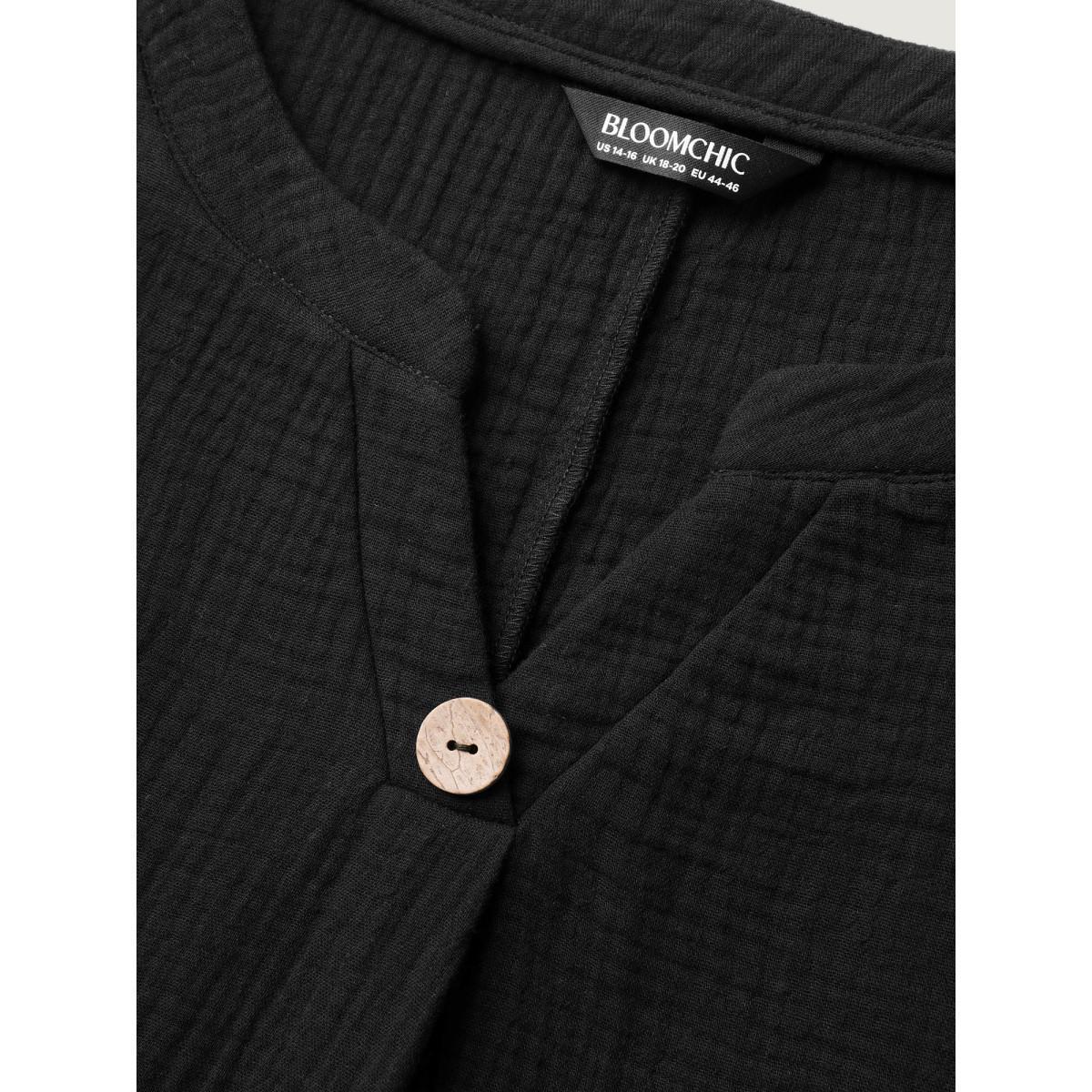 Plus Size Cotton Button Front Solid Tank Top Women Black Leisure Texture Flat collar with V-notch Casual Tank Tops Camis BloomChic 28/5X Product Image