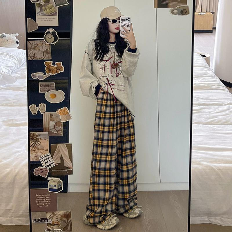 Drawstring Waist Plaid Wide Leg Pants (Various Designs) Product Image