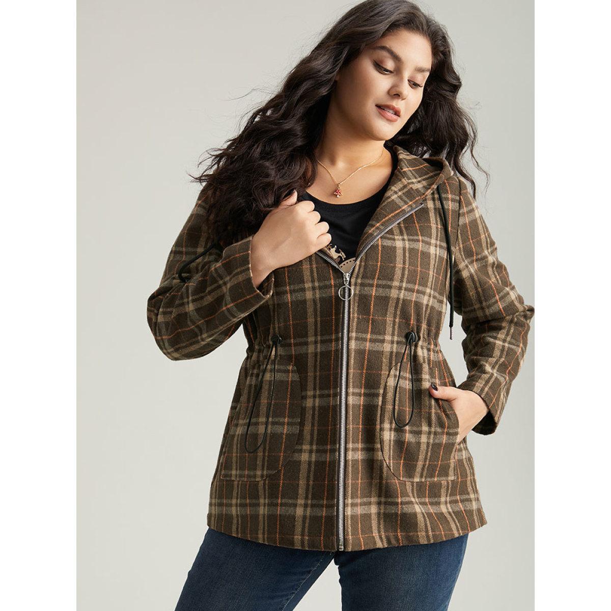 Plus Size Plaid Drawstring Slant Pocket Coat Women DarkBrown Casual Contrast Ladies Dailywear Winter Coats BloomChic 18-20/2X Product Image