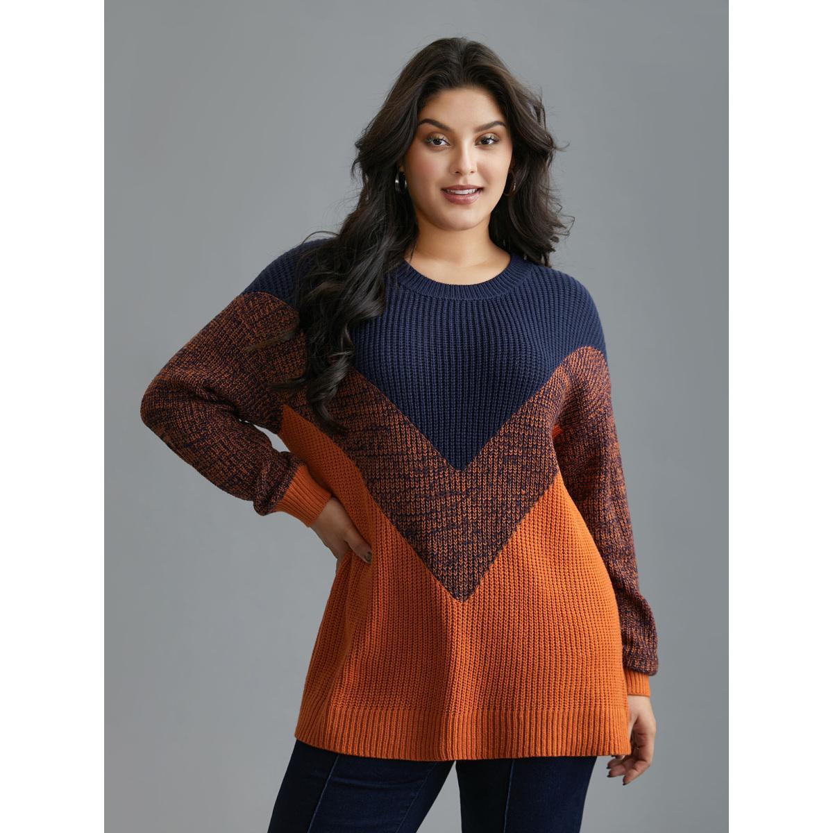 Plus Size Textured Balloon Sleeves Color Block Pullover Indigo Women Casual Loose Long Sleeve Round Neck Everyday Pullovers BloomChic 30/6X Product Image