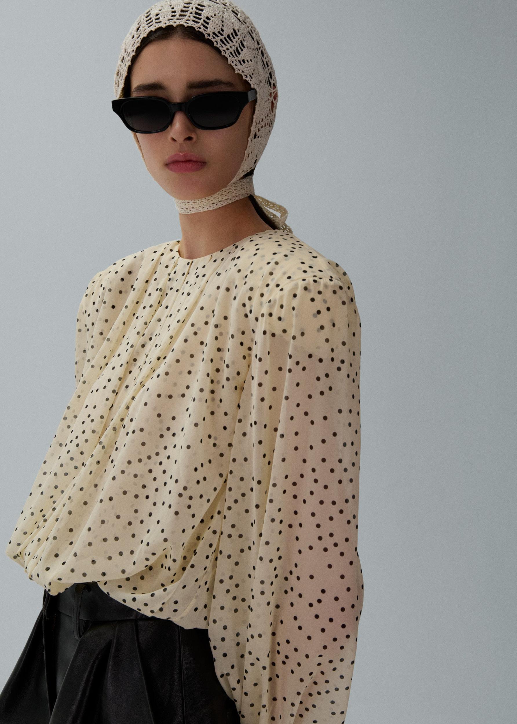 Balloon sleeve silk blouse in cream dots Product Image