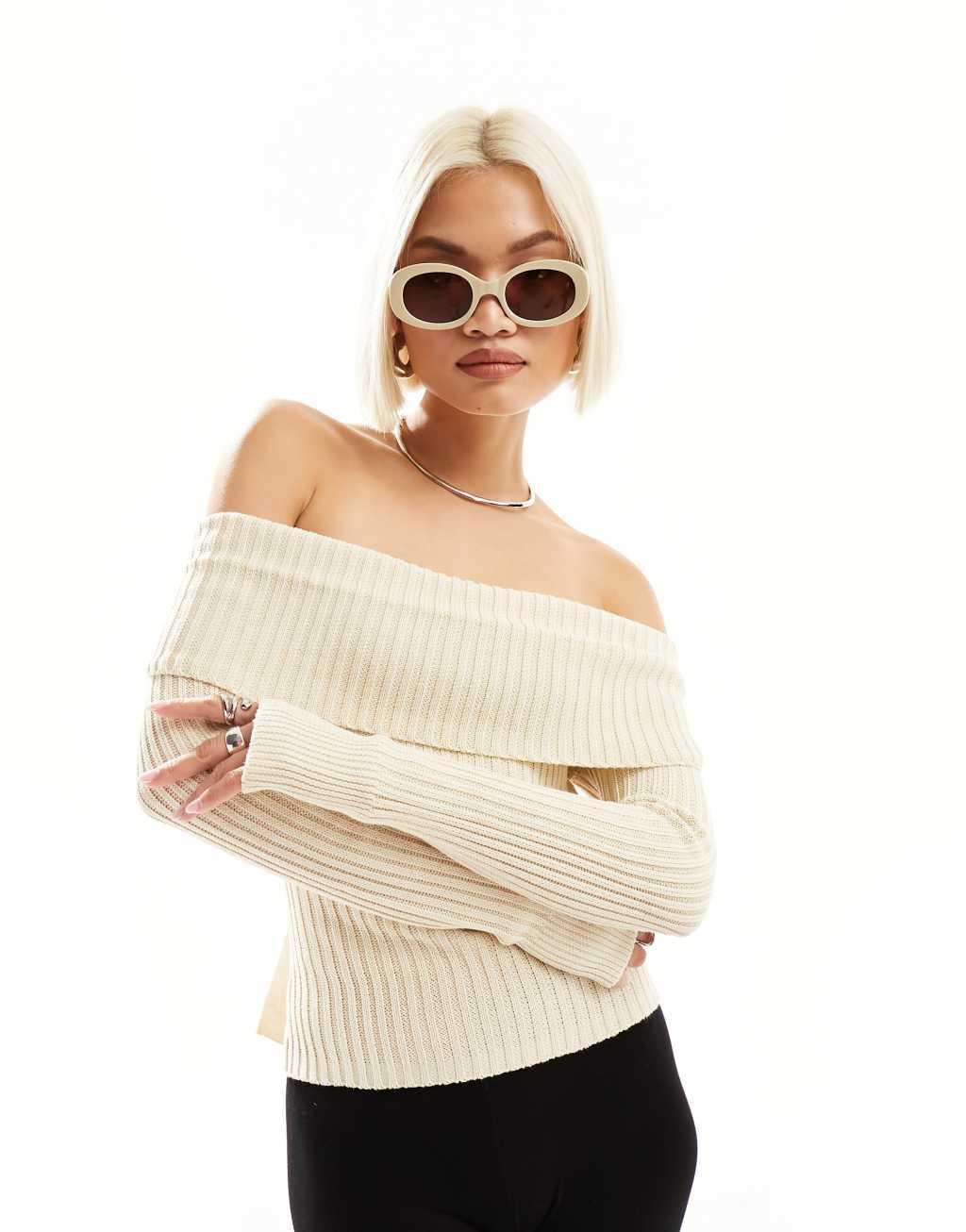 Motel bow-back off shoulder sweater in cream Product Image