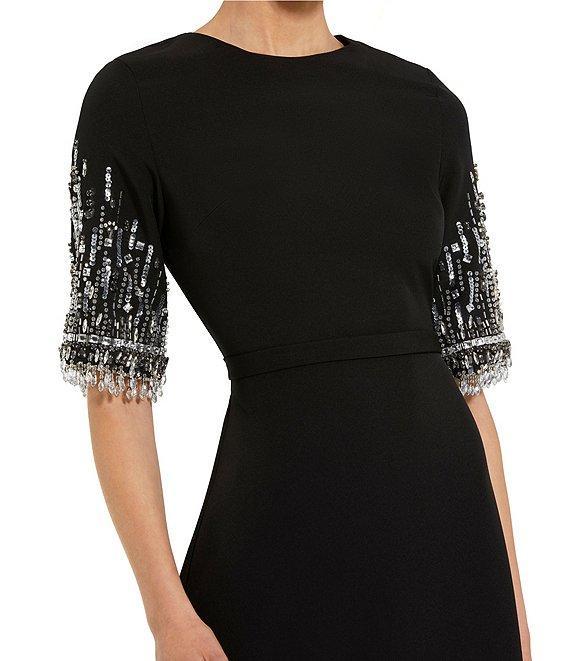 Mac Duggal Short Beaded Sleeve Crepe A-Line Gown Product Image